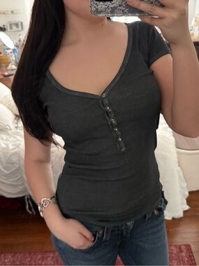 Guess Ribbed Henley Short Sleeve Top - Charcoal Gray